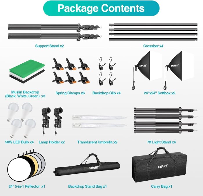 EMART 8.5 x 10 ft Backdrop Support System, Professional Photography Lighting Kit with 50W LED Blub, Reflector, Backdrop *3, Umbrellas&Softbox Lighting Kit for Studio, Portrait and Video Shooting - Image 8